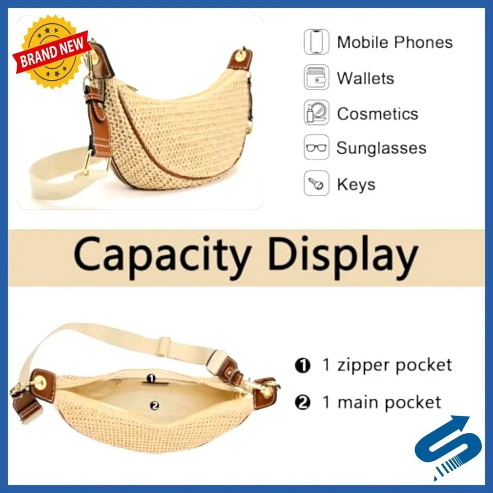 Straw Woven Hobo Crossbody Bag Adjustable Strap Summer Beach Boho Chic